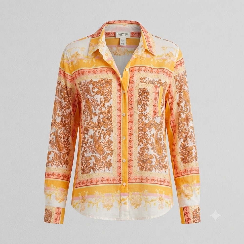 Calypso St Barth Womens Large Yellow Paisley Shell Print Cotton Button Down Top